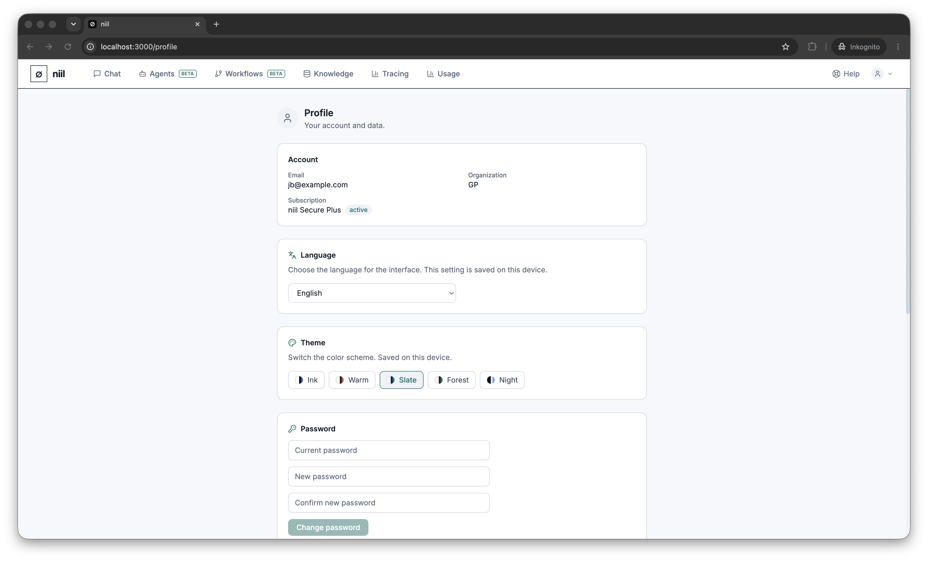 The profile page: language, theme, connected accounts and passkeys