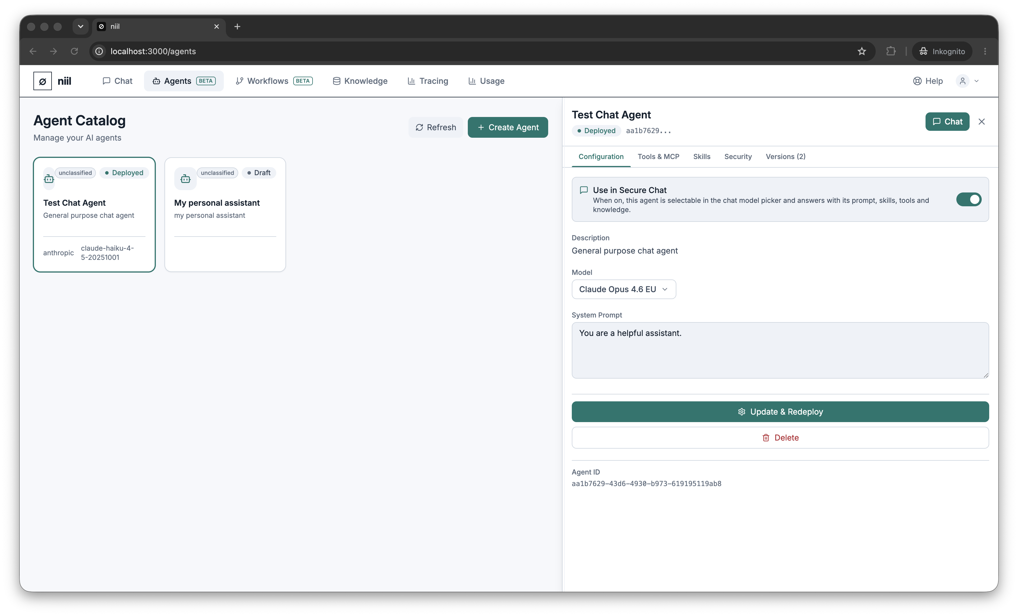 The agent Configuration tab: model picker and system prompt