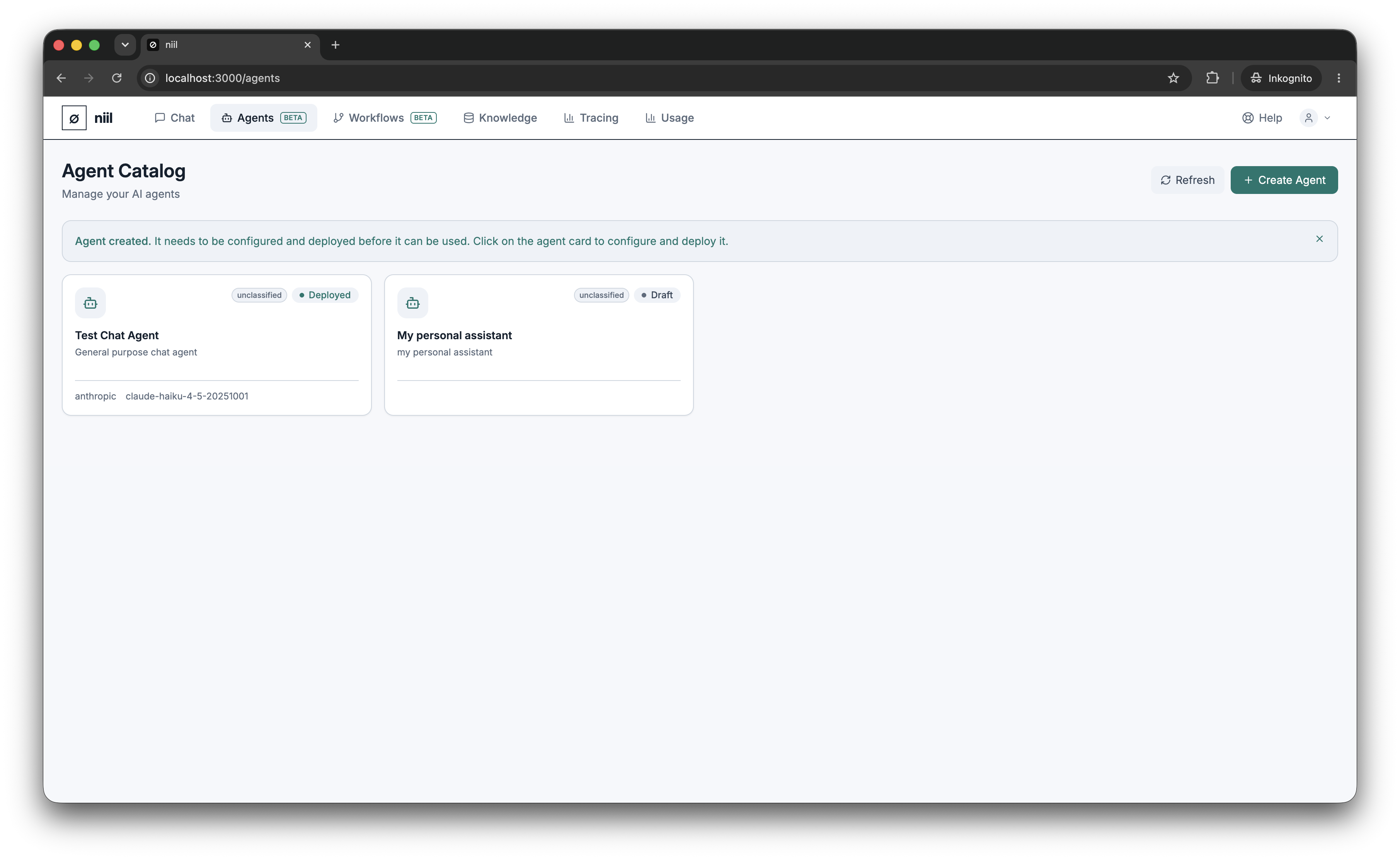 The agent catalog grid with status badges