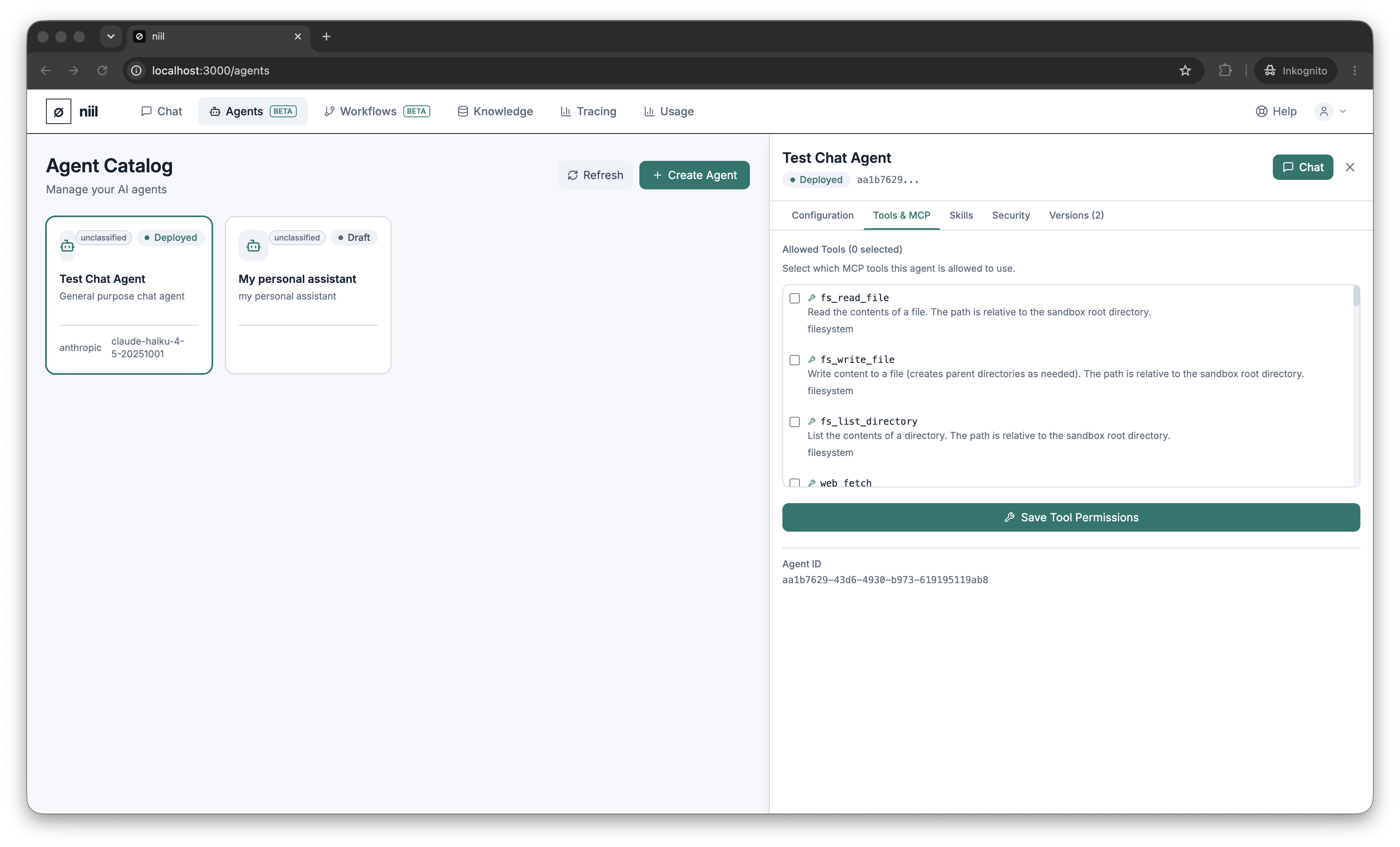 The agent Tools tab with a checklist of available tools
