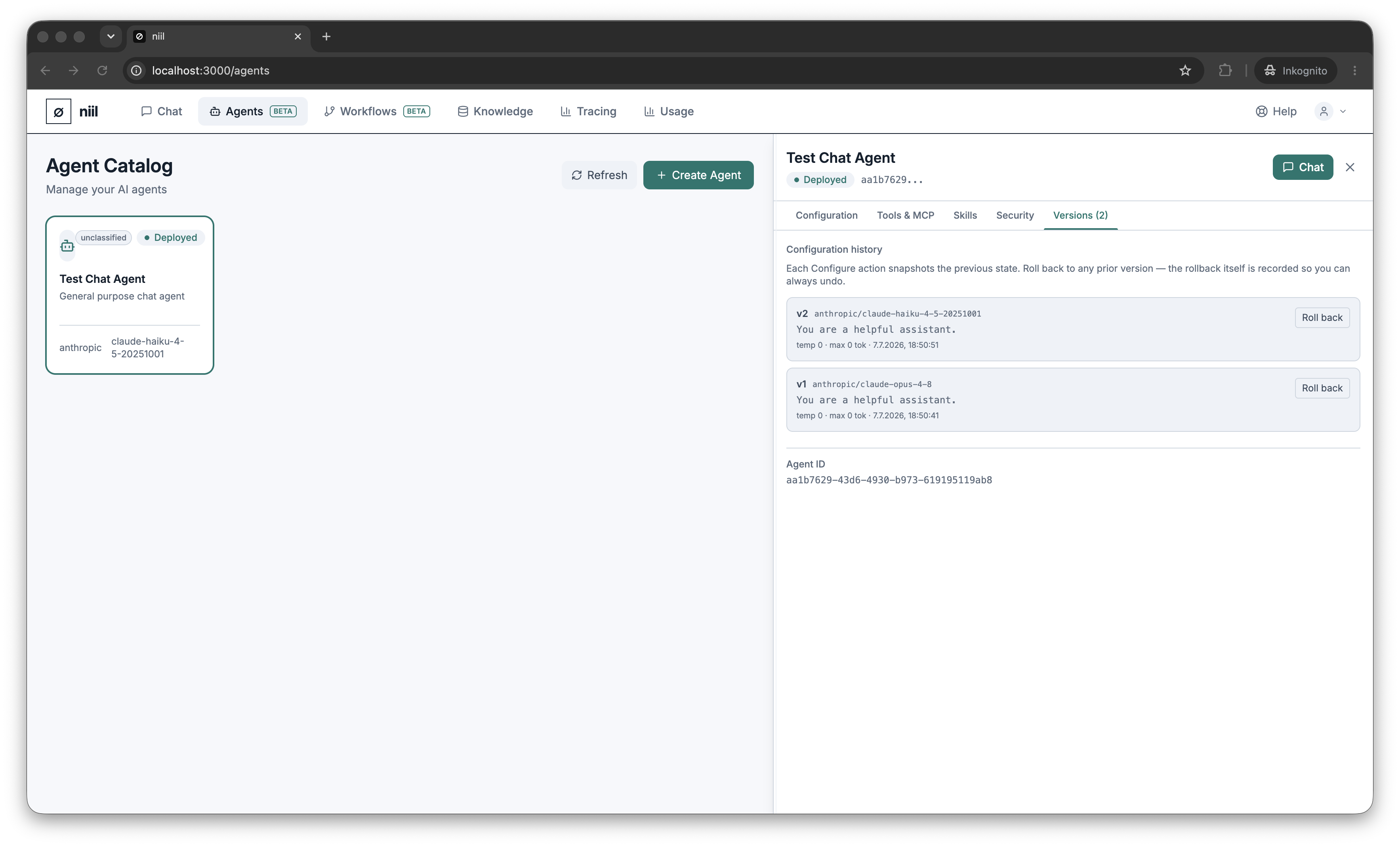 The agent Versions tab listing captured versions