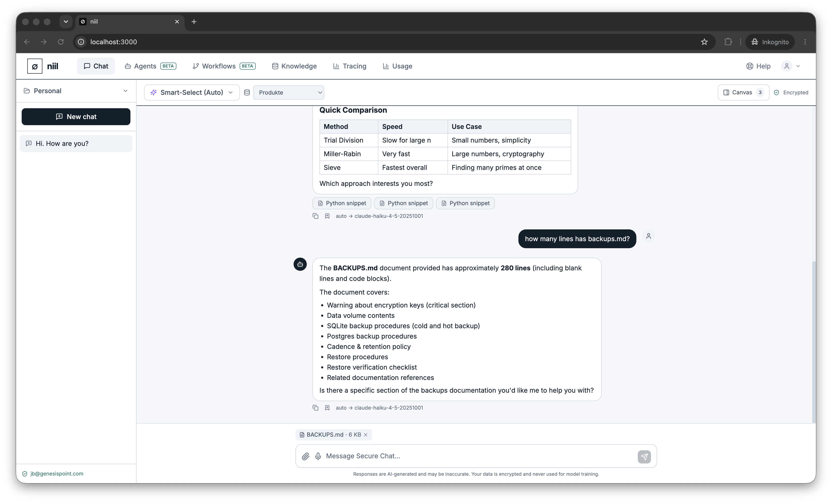 Attaching a file and choosing a knowledge base in chat