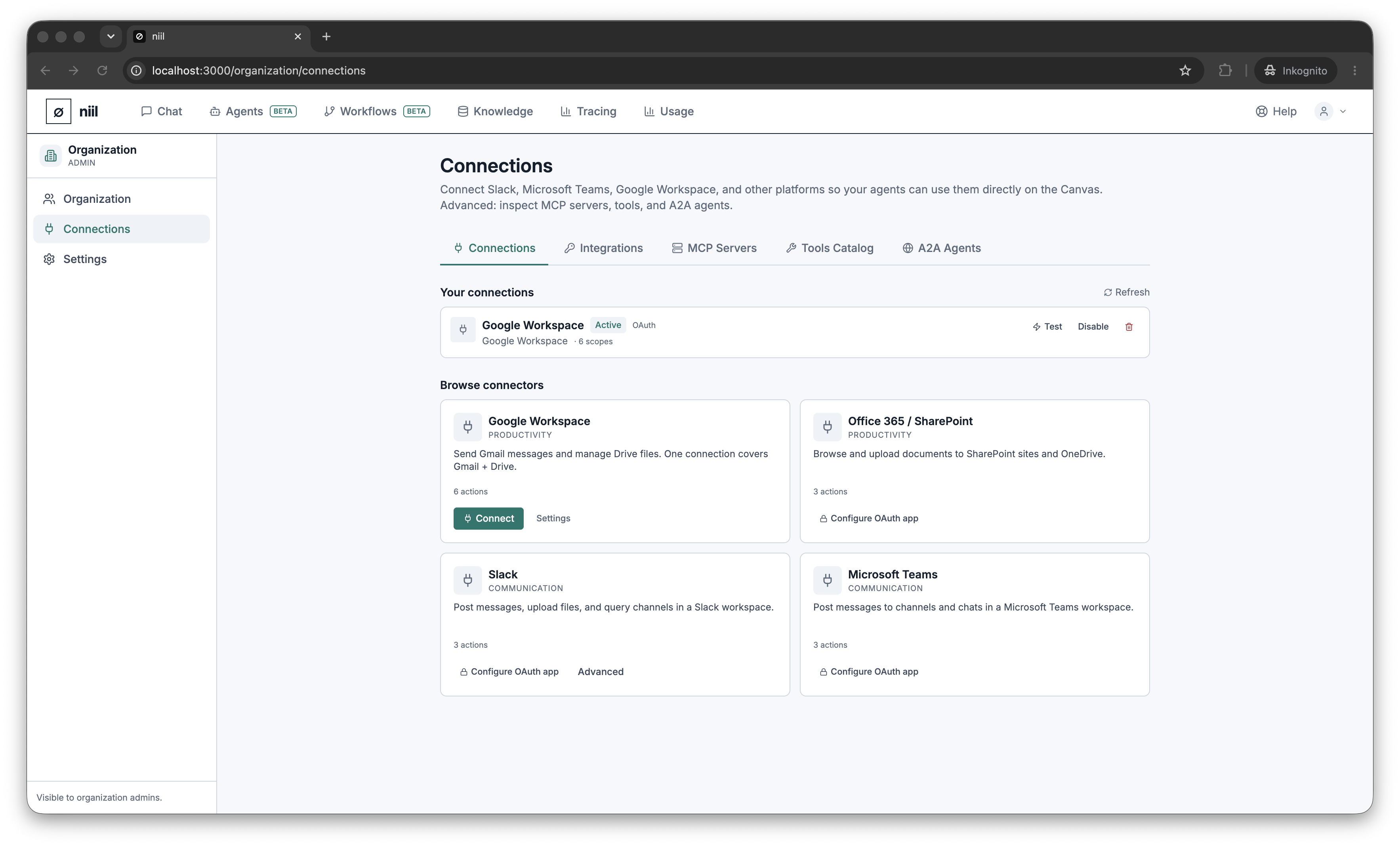 The connections page with its tabs