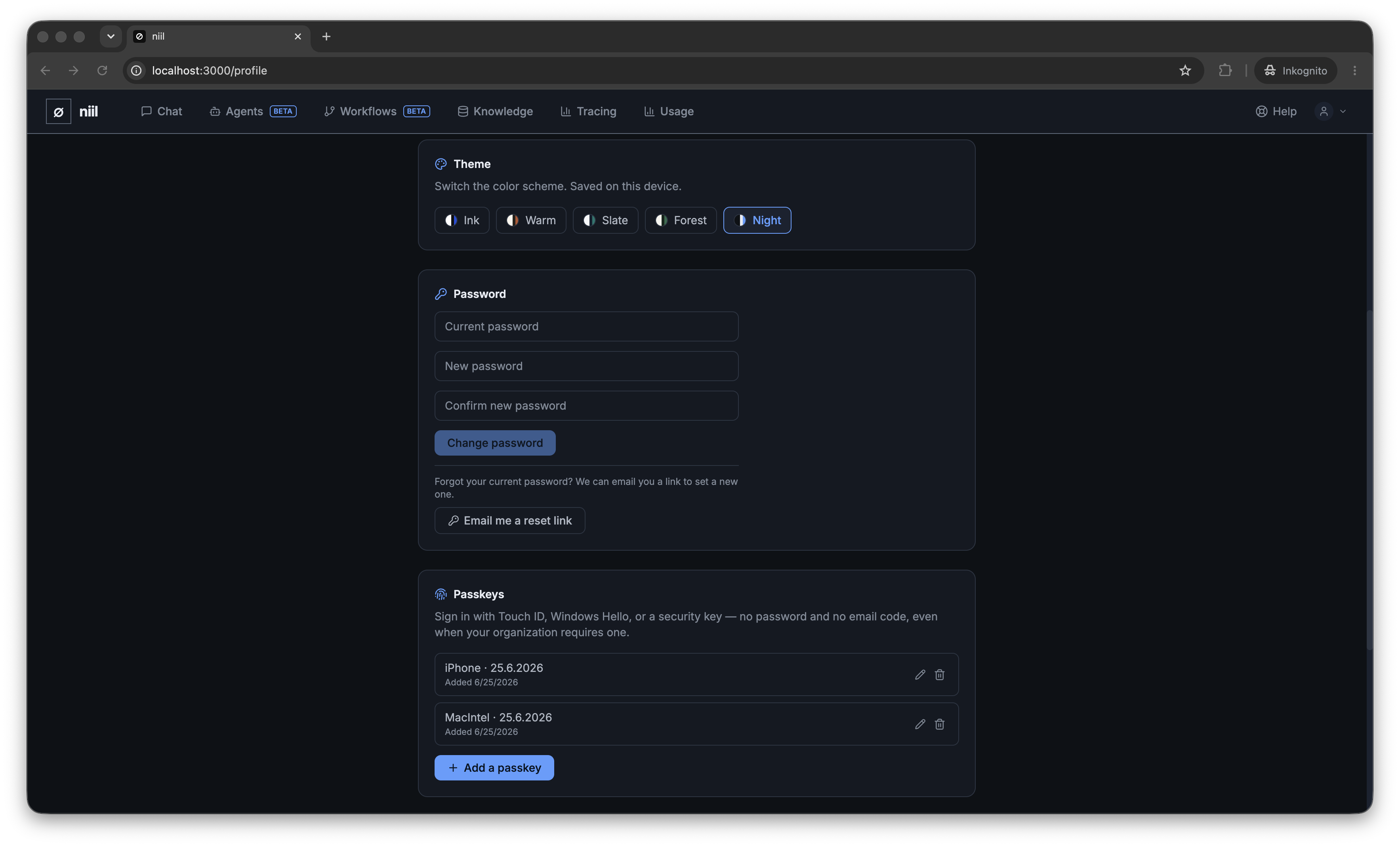 The niil workspace: left navigation, chat area, and conversation list
