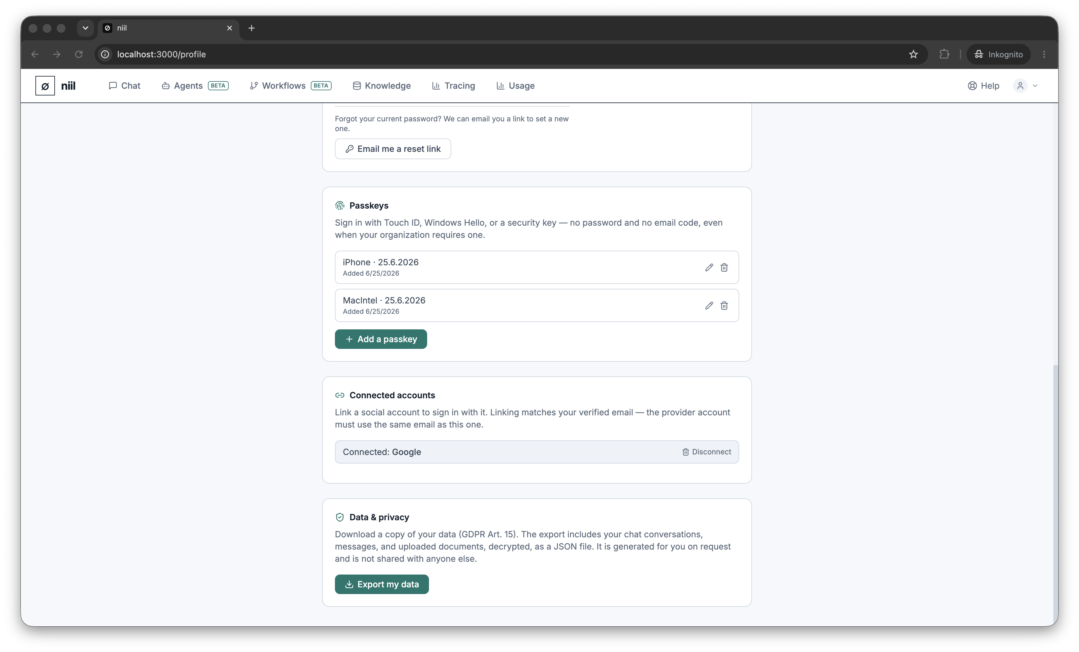 The passkey management card in the profile page