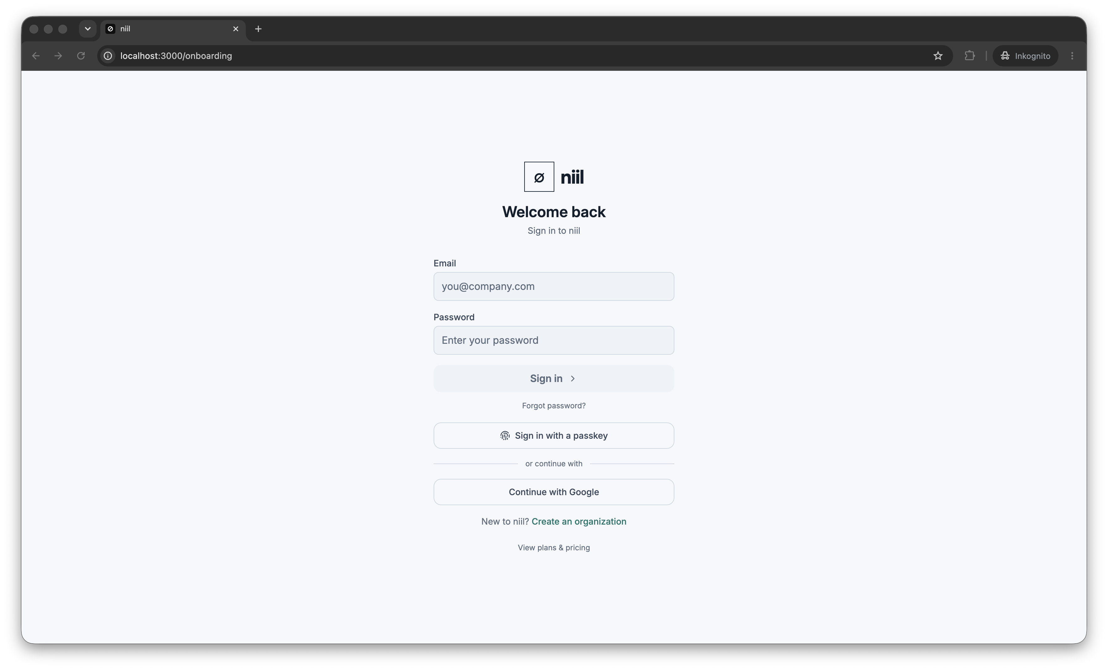 The niil sign-in screen with email, password and social sign-in buttons