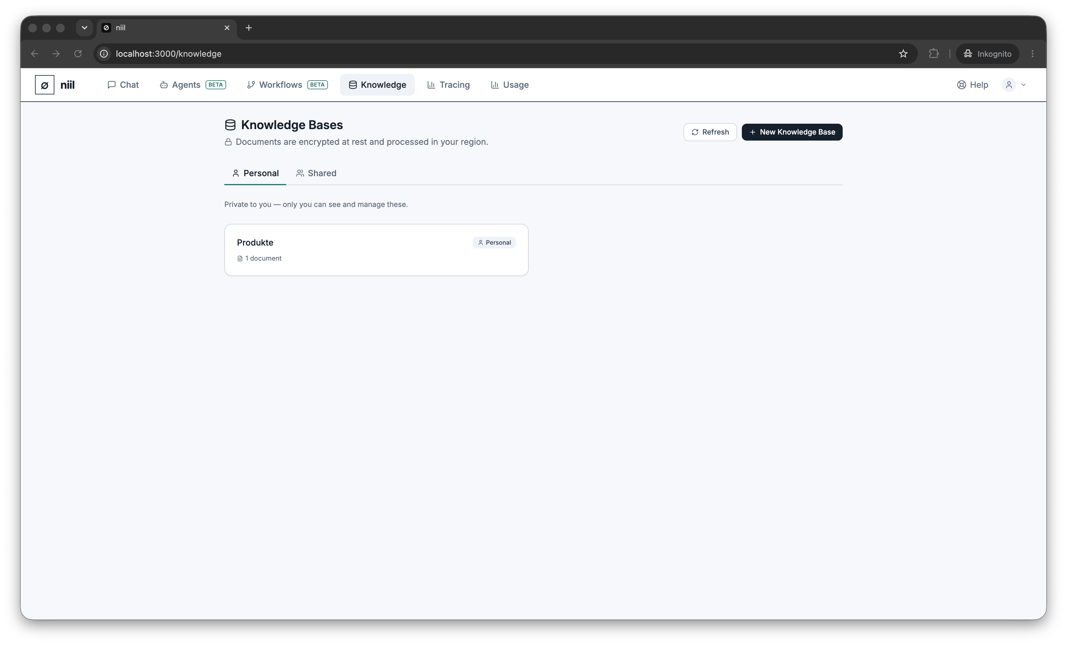 The knowledge bases grid with personal and organization scopes