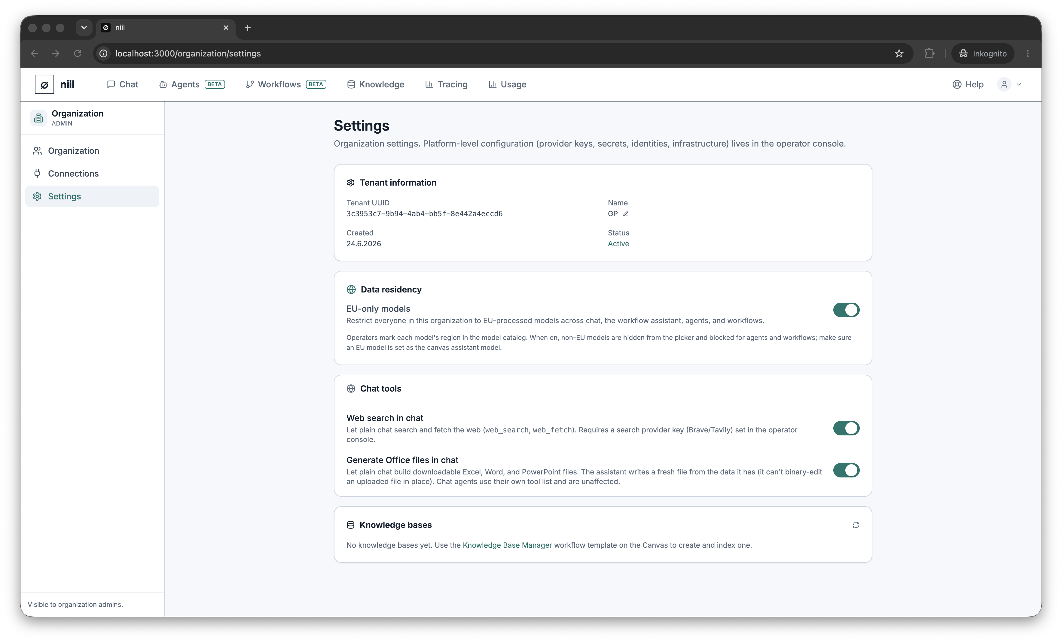 The EU-only models (data residency) toggle in organization settings