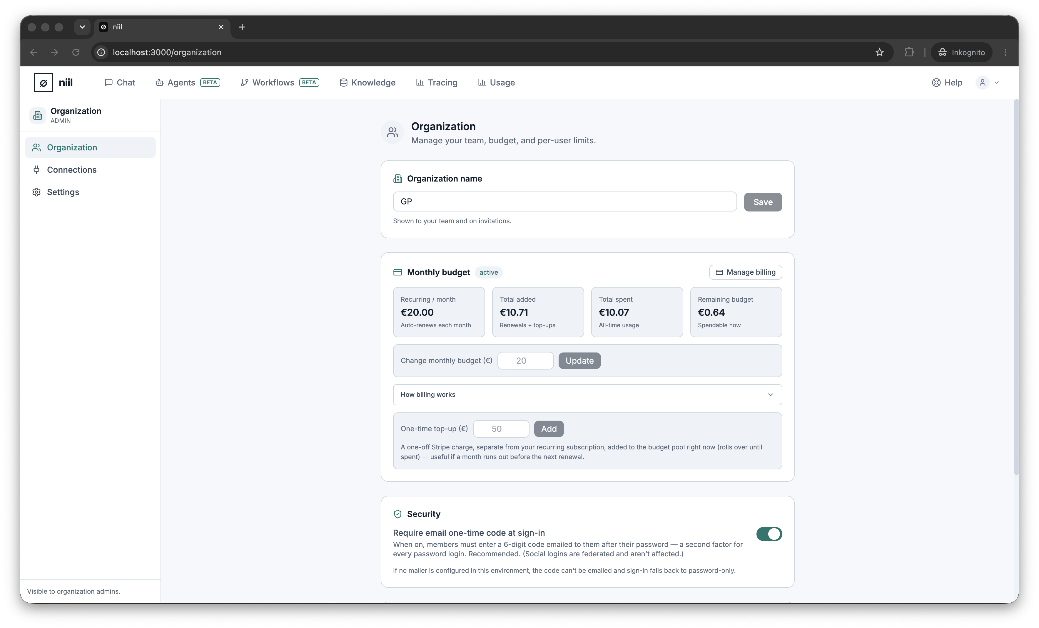 Organization settings: name, members, billing