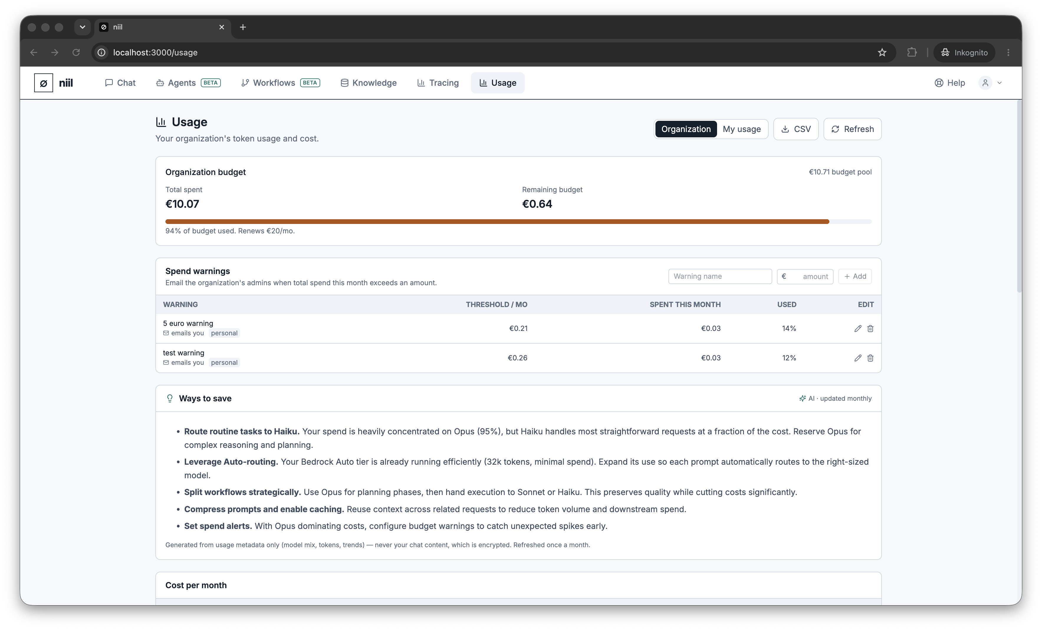 The usage summary with spend, per-model breakdown and monthly history
