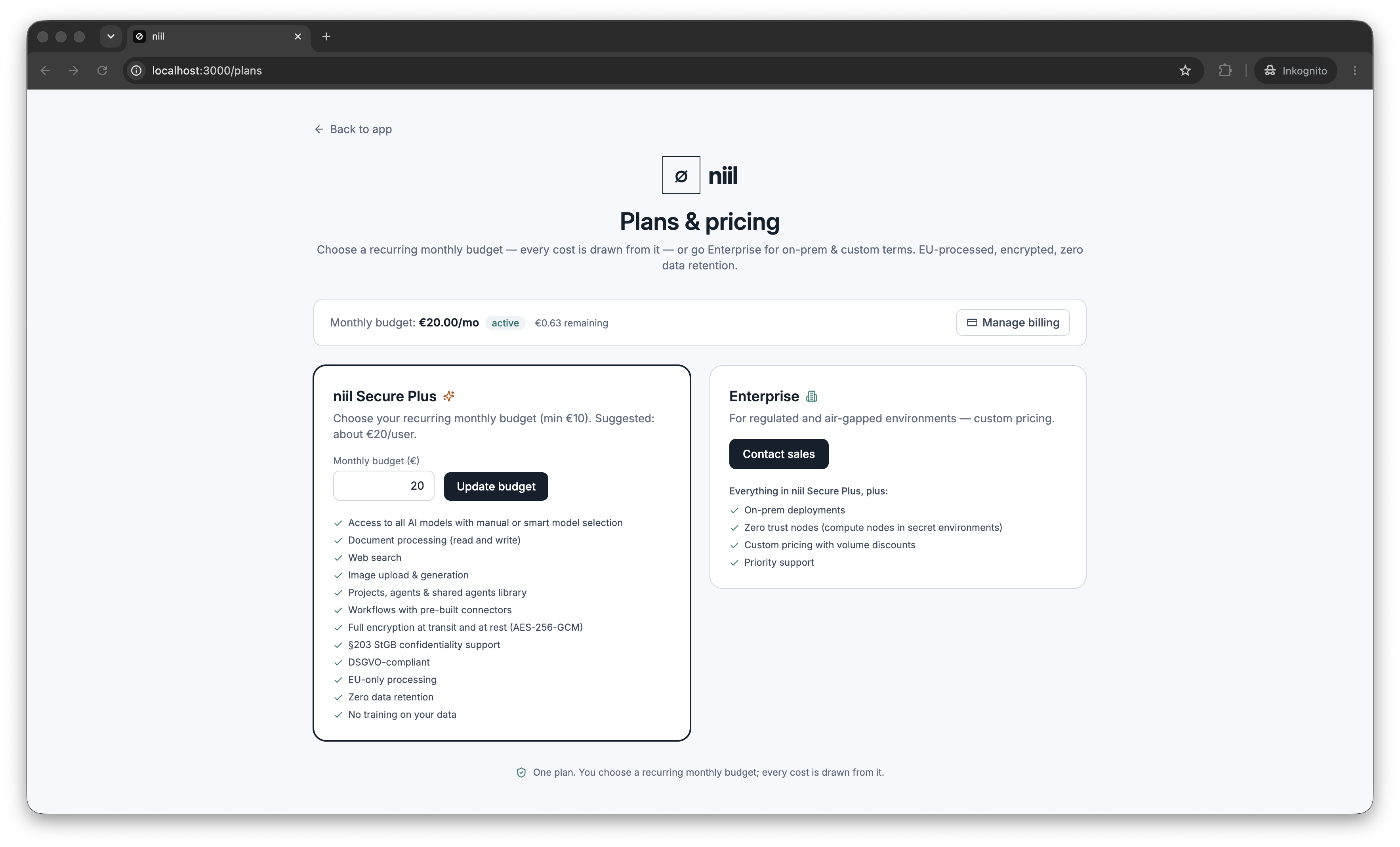 The public pricing page with plan tiers