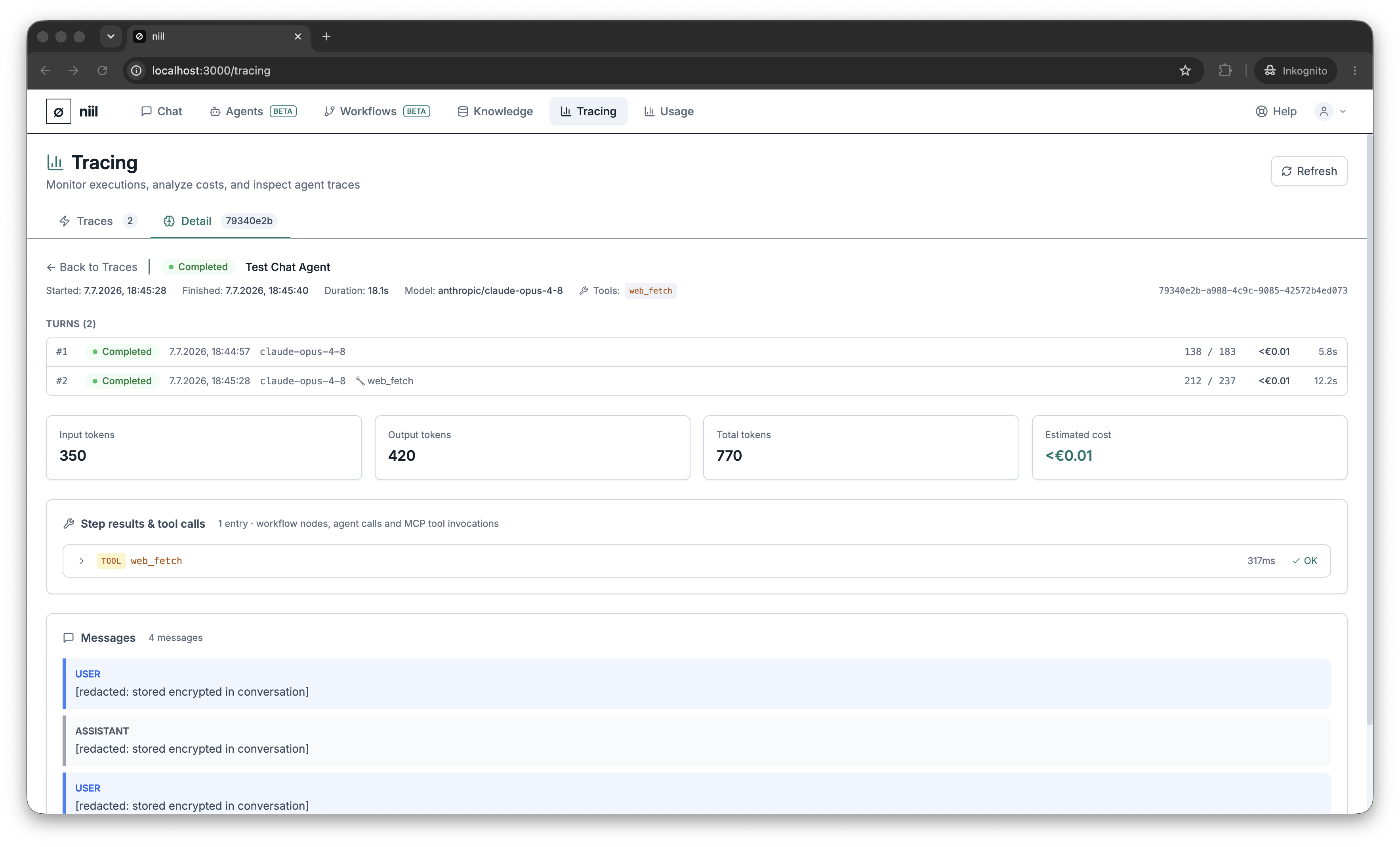 The tracing traces table with status, agent, tokens and cost columns