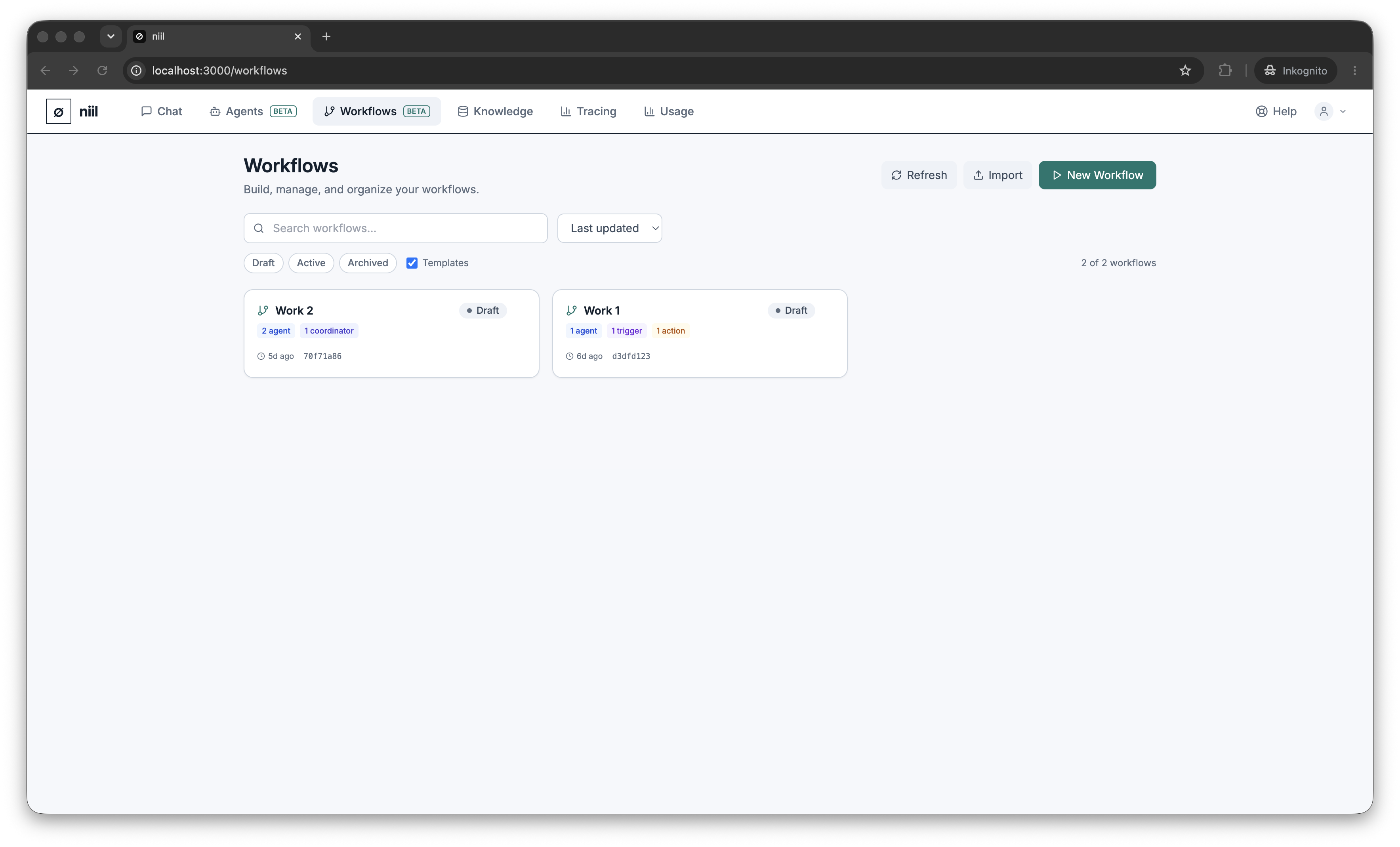 The workflows list with search, filters and tags