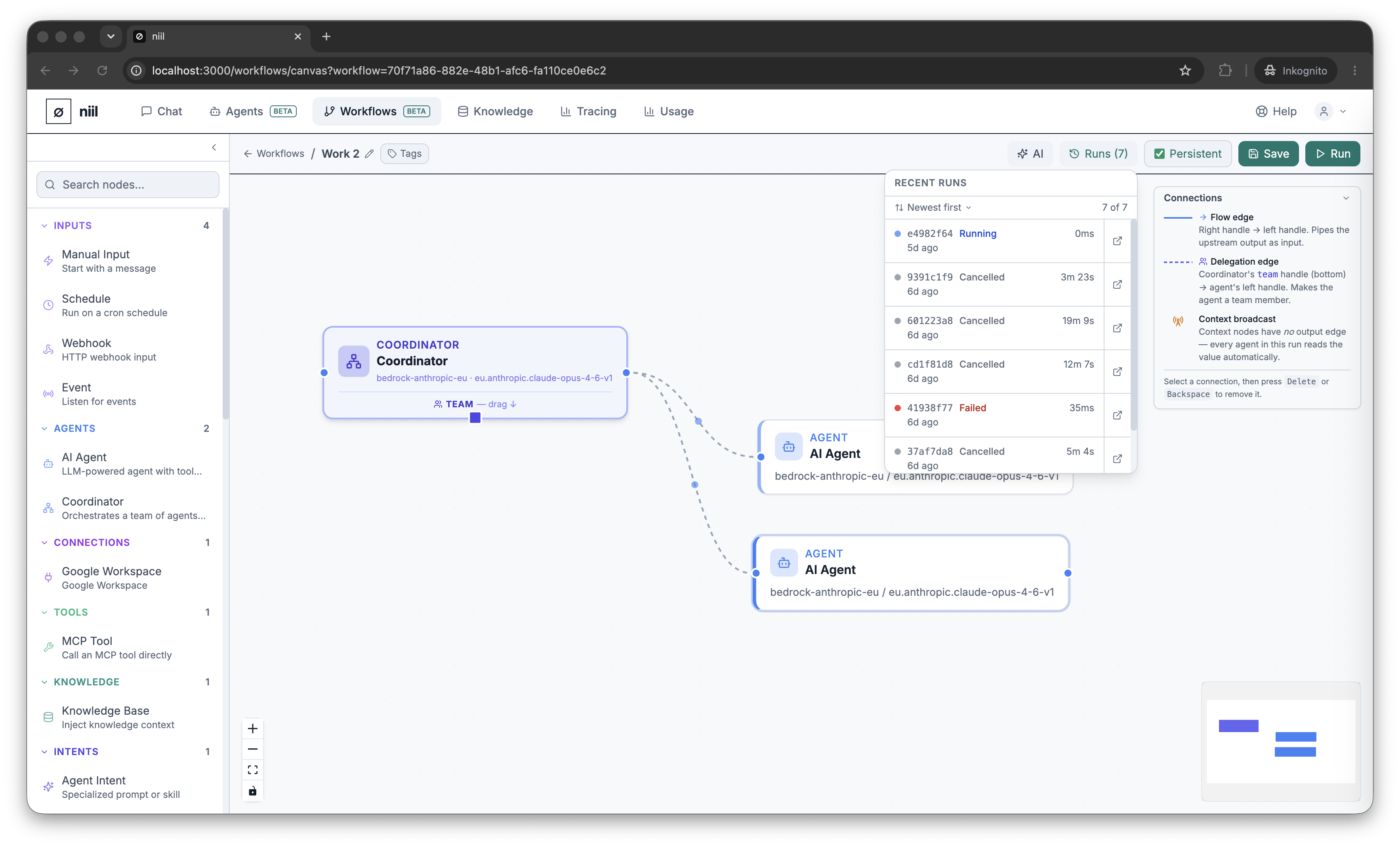 The run inspector drawer with the node timeline and the Runs dropdown